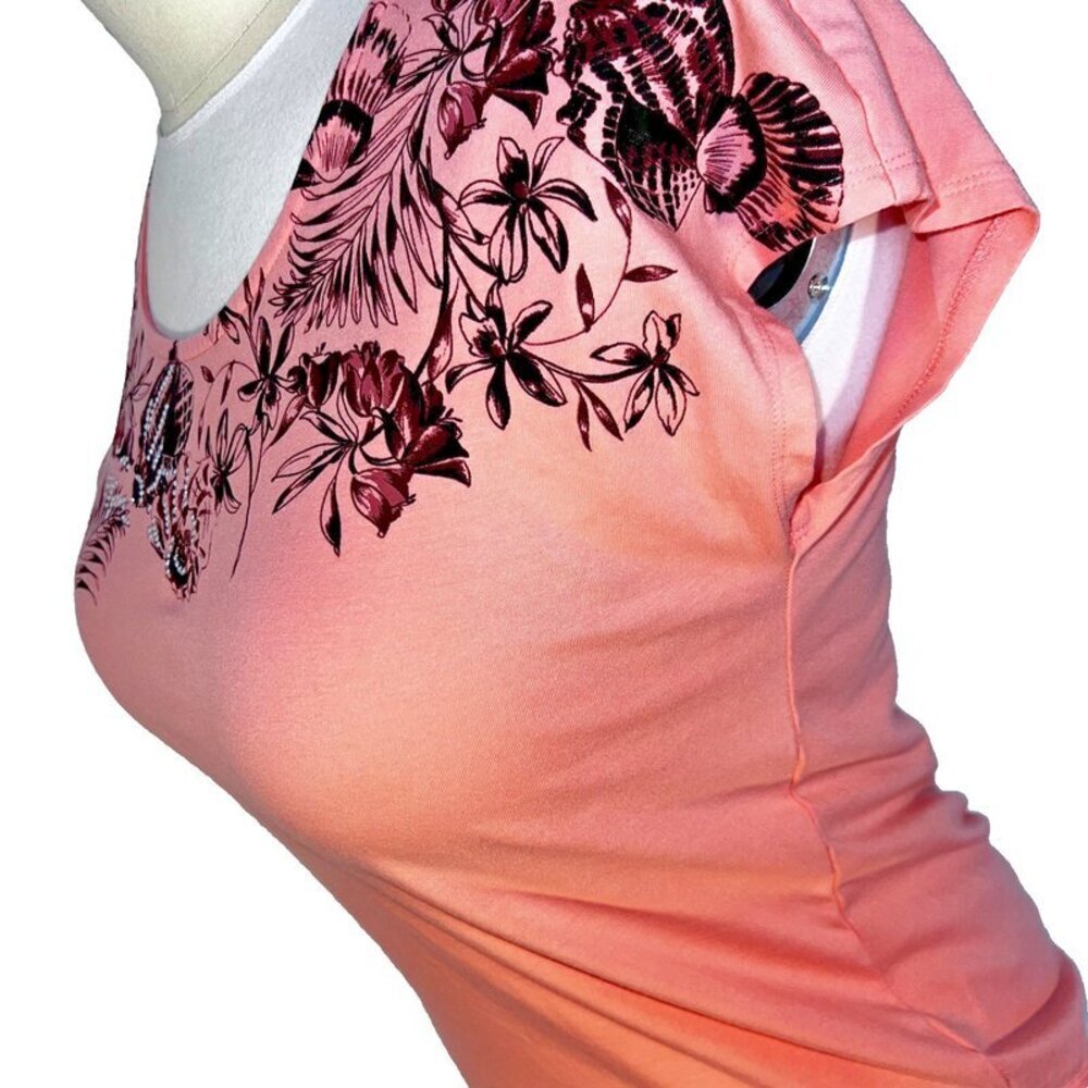 Coral Bay Blouse Womens L Peach Floral Seashell Silver Beaded Neck Short Sleeve - Picture 9 of 14